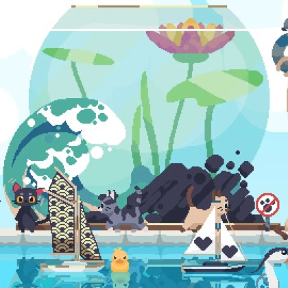 Colorful scene from Cat Isle featuring cats, boats, and a vibrant aquarium.