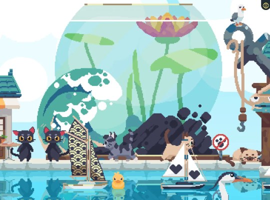 Colorful scene from Cat Isle featuring cats, boats, and a vibrant aquarium.