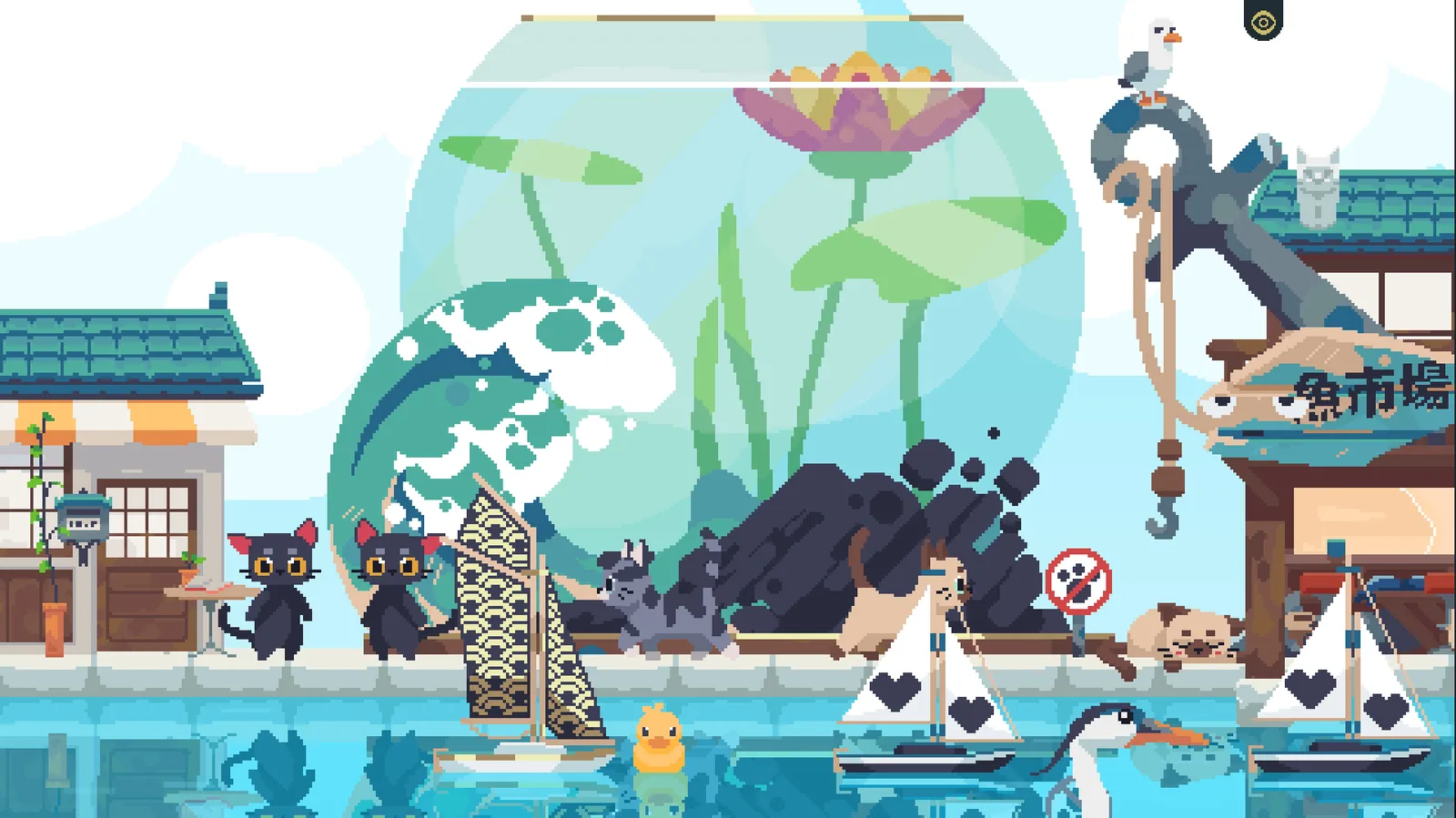 Colorful scene from Cat Isle featuring cats, boats, and a vibrant aquarium.