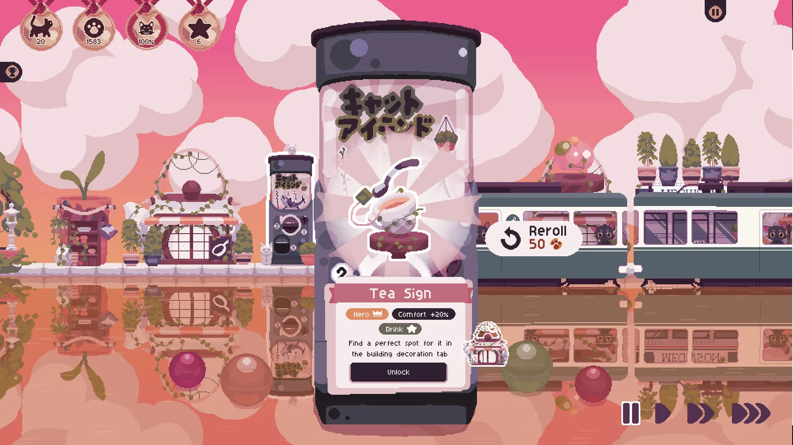 Colorful scene from Cat Isle featuring a tea sign and a train in a whimsical environment.