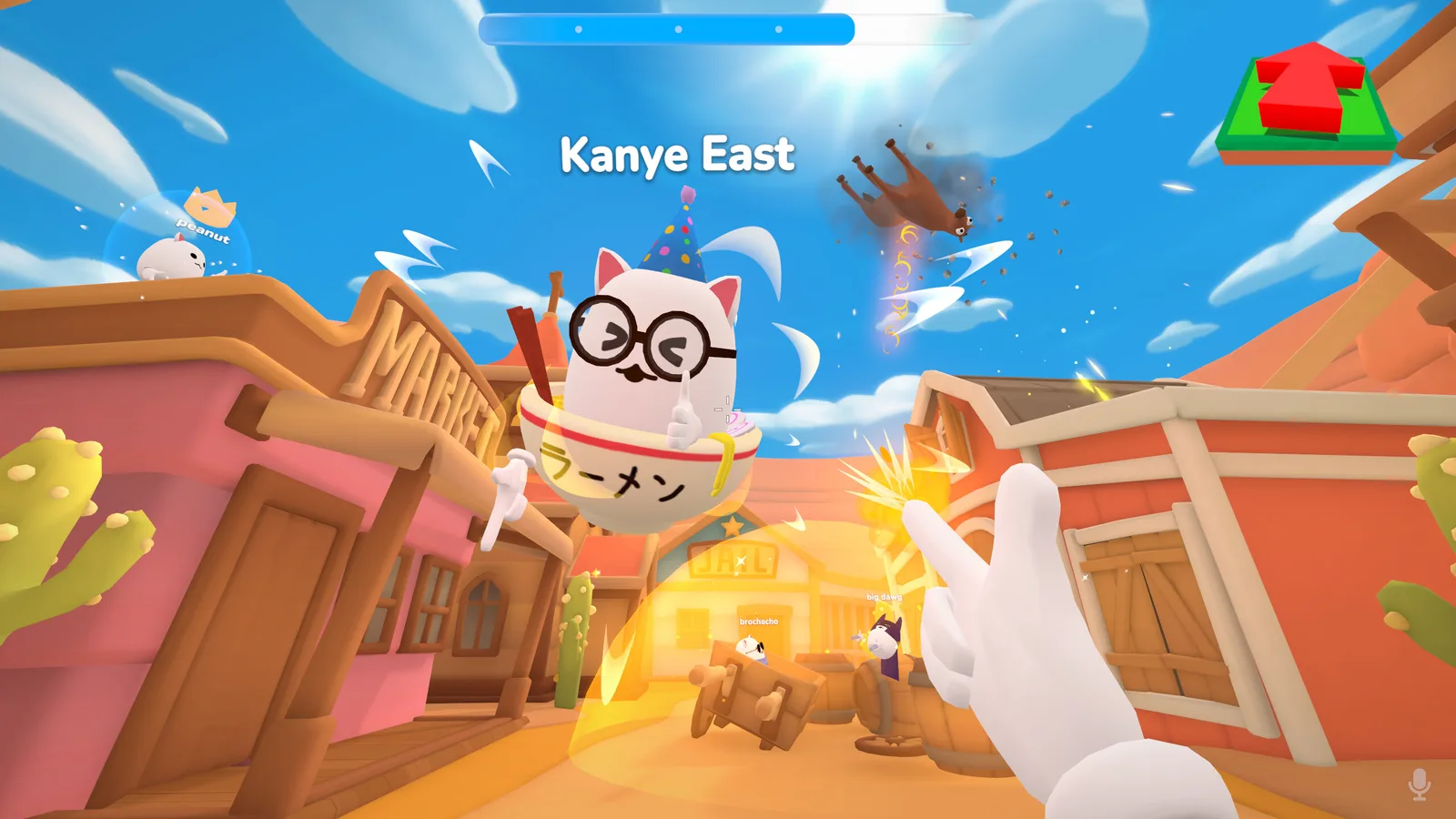 Colorful scene from Catto Pew Pew featuring a cat character in a vibrant town setting.