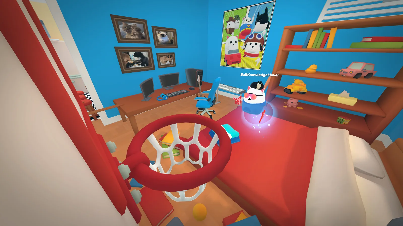 Colorful bedroom scene from Catto Pew Pew featuring playful elements and cozy design.