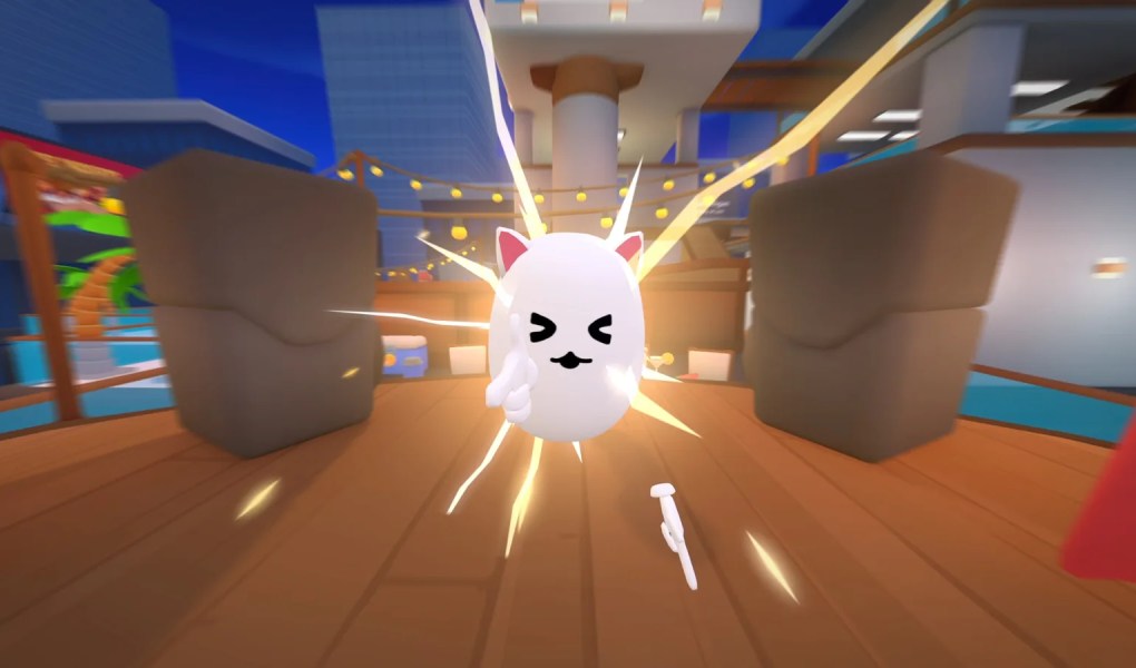 Cute cat character in a vibrant party setting with dynamic action effects