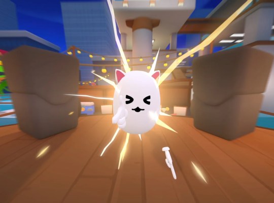 Cute cat character in a vibrant party setting with dynamic action effects