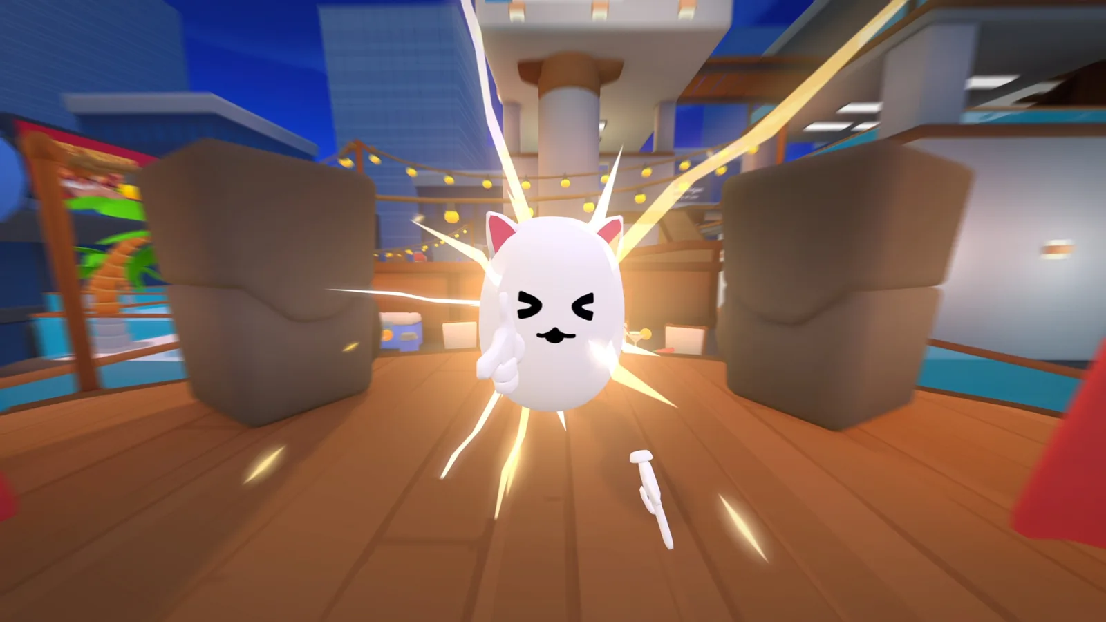 Cute cat character in a vibrant party setting with dynamic action effects