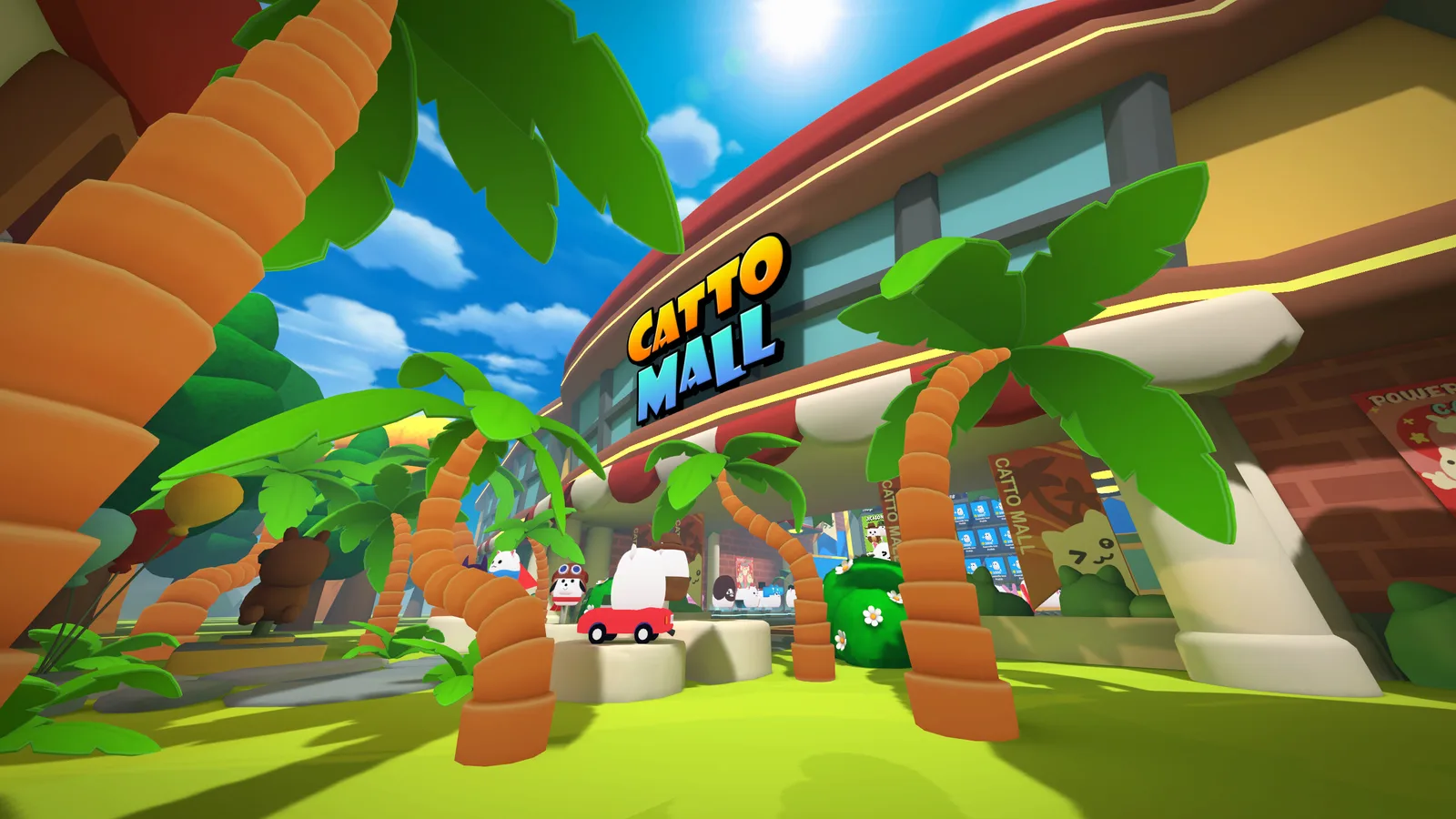 Vibrant scene of Catto Mall with palm trees and colorful architecture