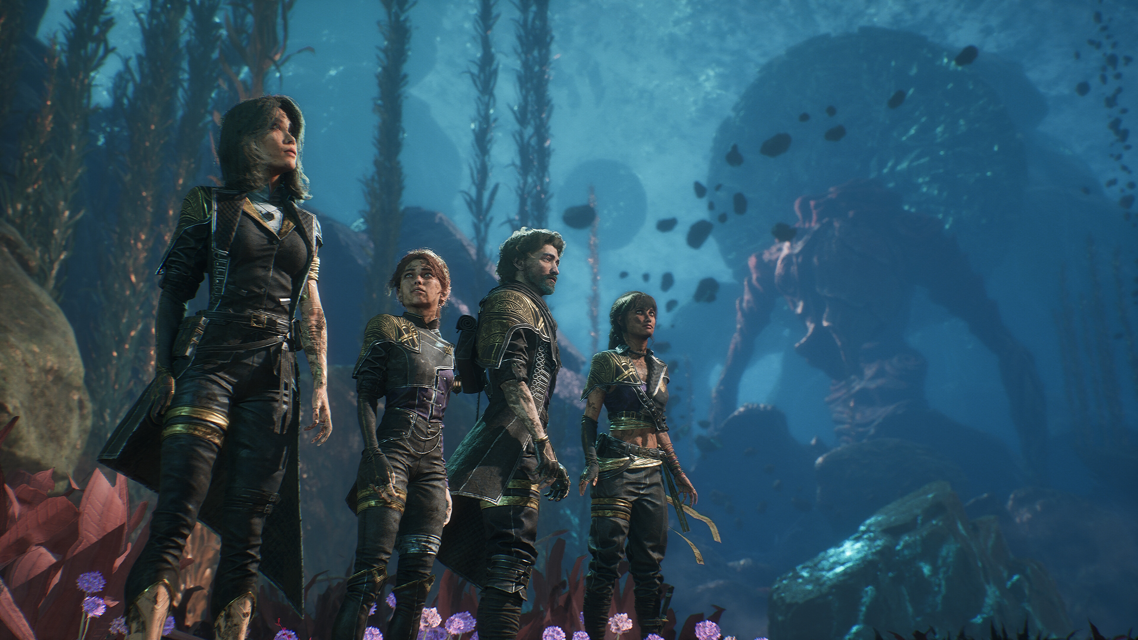 Four characters exploring an underwater environment in Clair Obscur: Expedition 33.