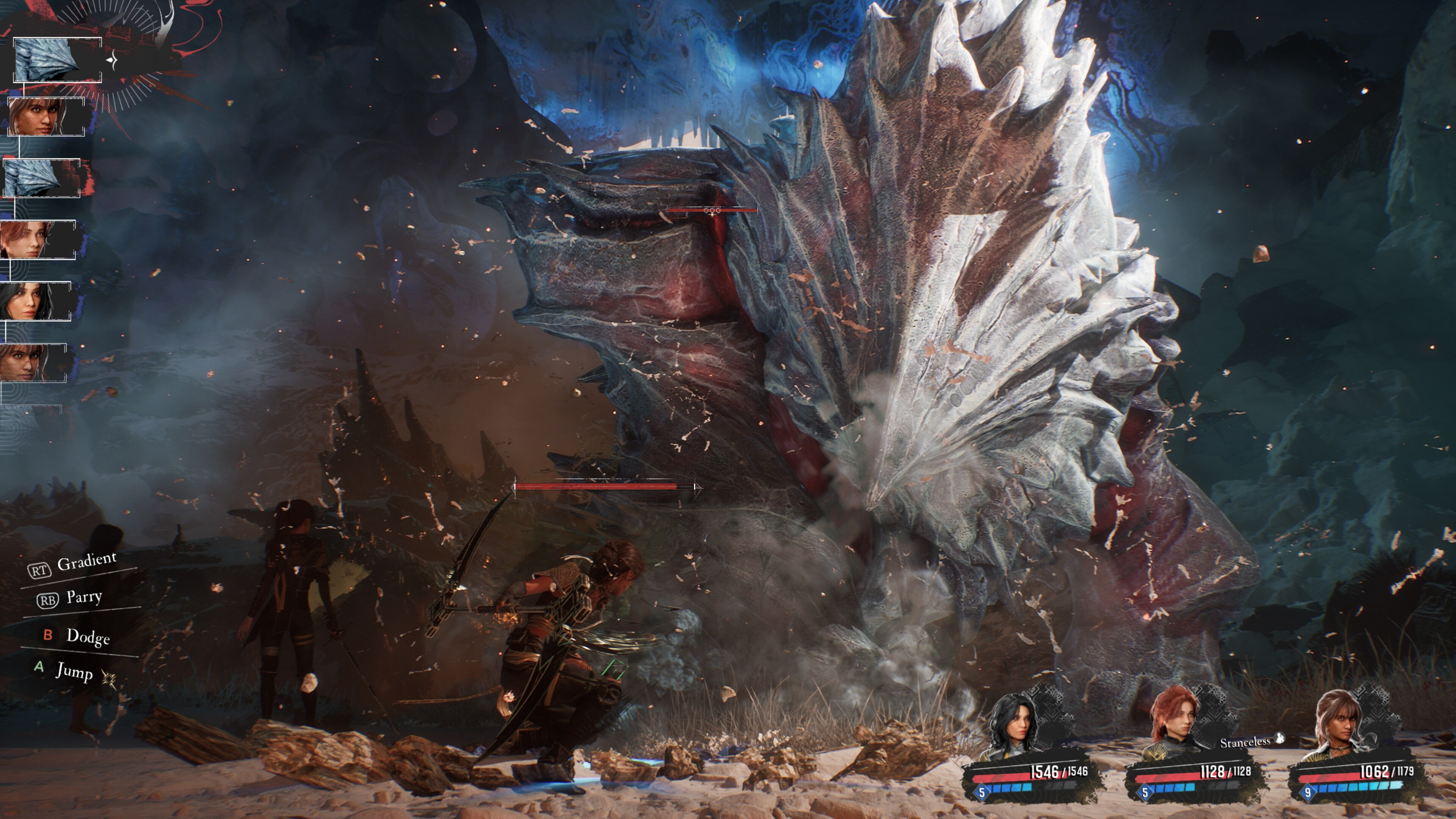 Epic battle scene in Clair Obscur: Expedition 33 showcasing a massive creature.
