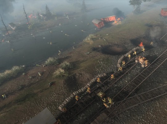 Intense battlefield scene from Company of Heroes 3: Final Stand with soldiers and explosions.