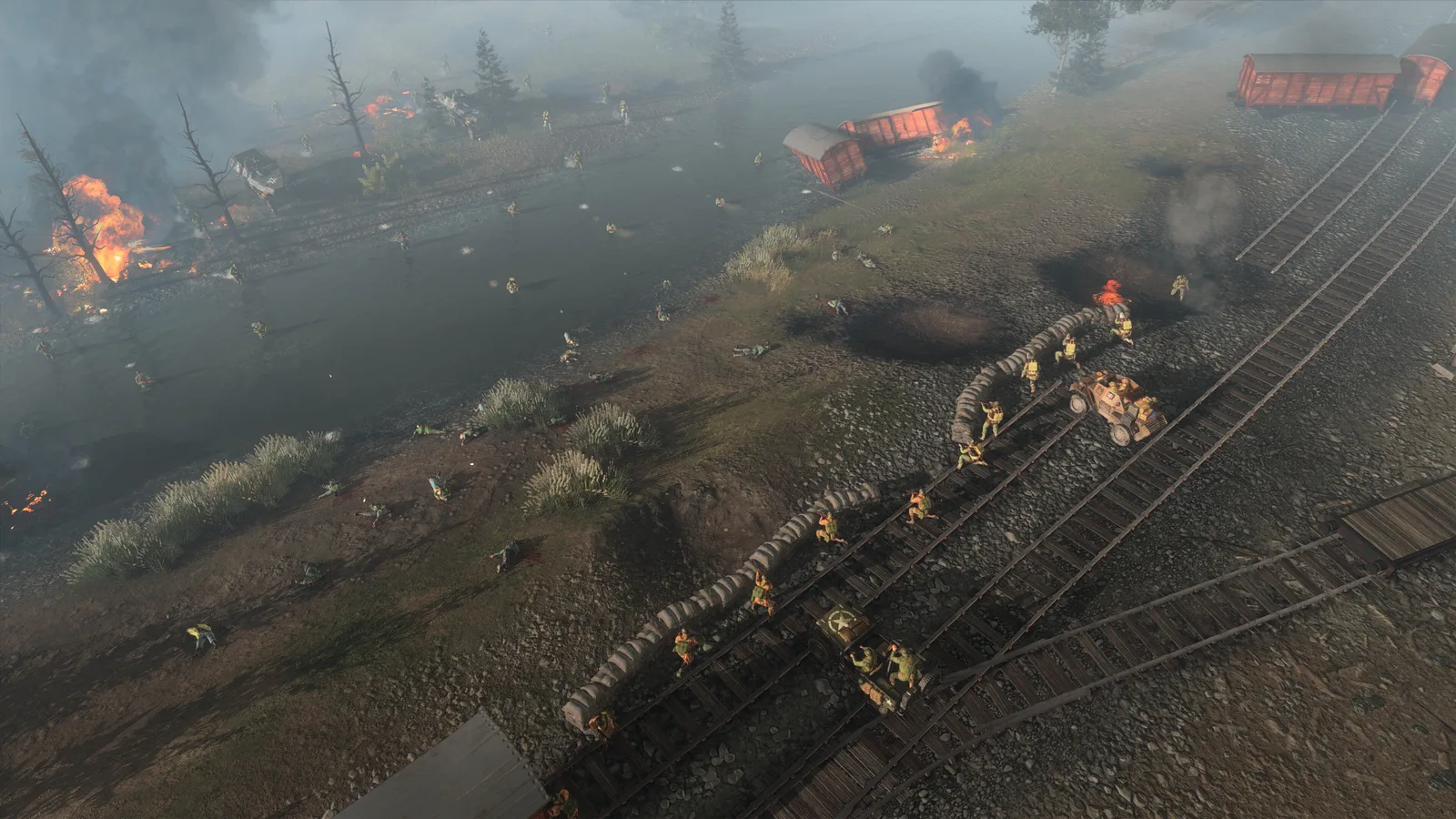 Intense battlefield scene from Company of Heroes 3: Final Stand with soldiers and explosions.