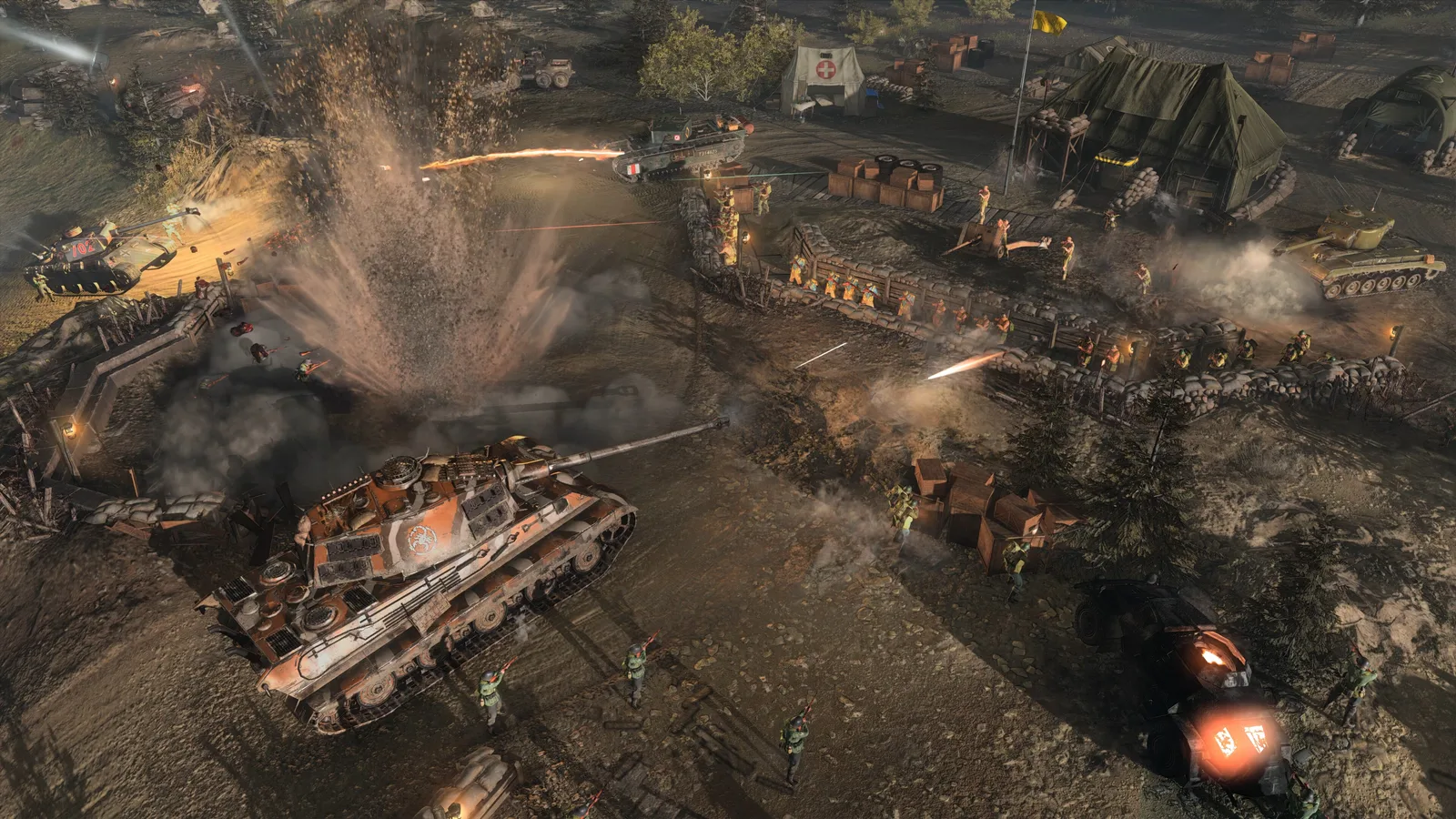 Intense battle scene in Company of Heroes 3: Final Stand with tanks and soldiers in action