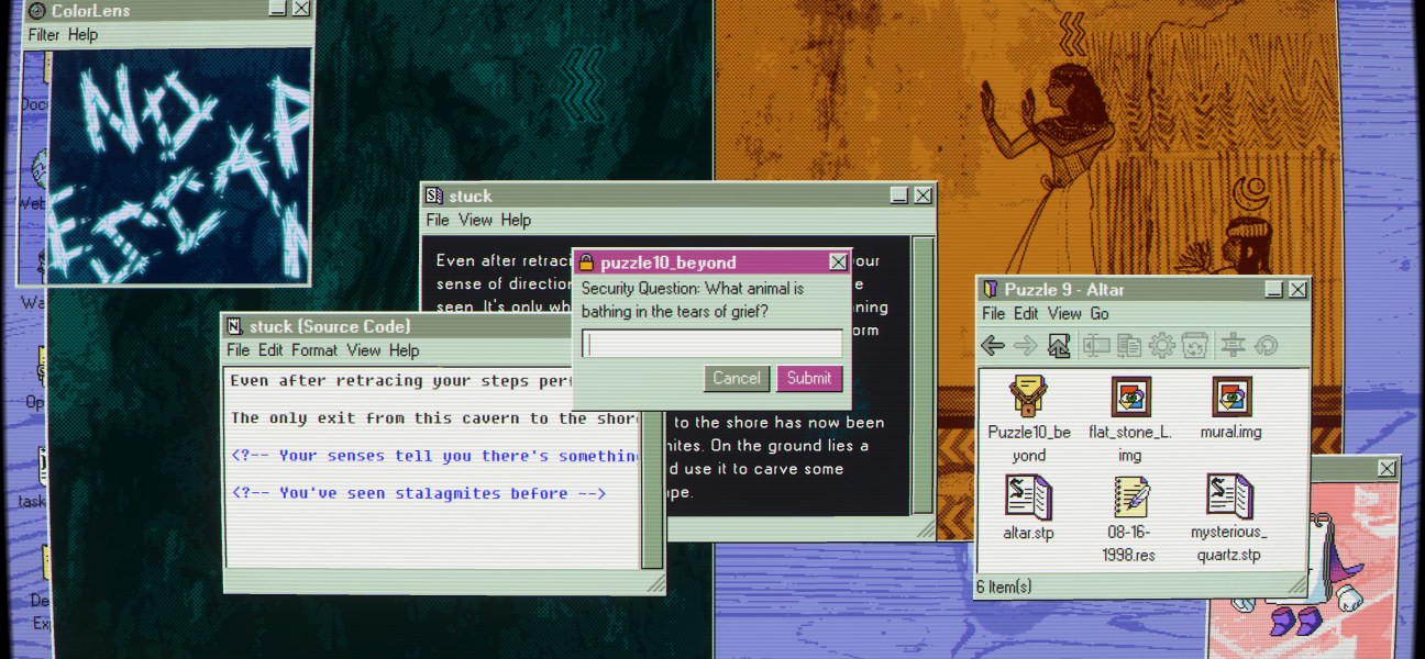 Screenshot of Desktop Explorer showcasing a 1990s OS interface with puzzle elements.