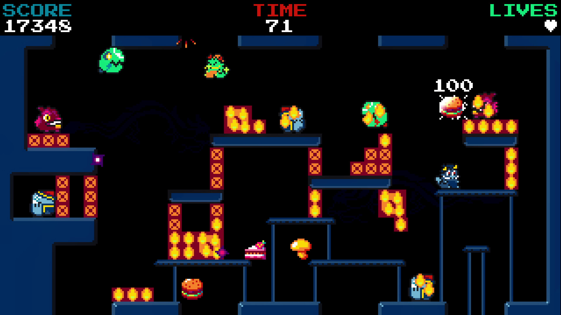 Colorful retro arcade scene with dragons and fire elements in Dragon Dragon Fire Fire Deluxe