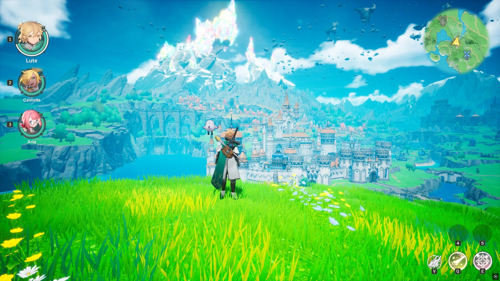 Vibrant landscape view in DragonSword: Awakening showcasing characters and a majestic castle.