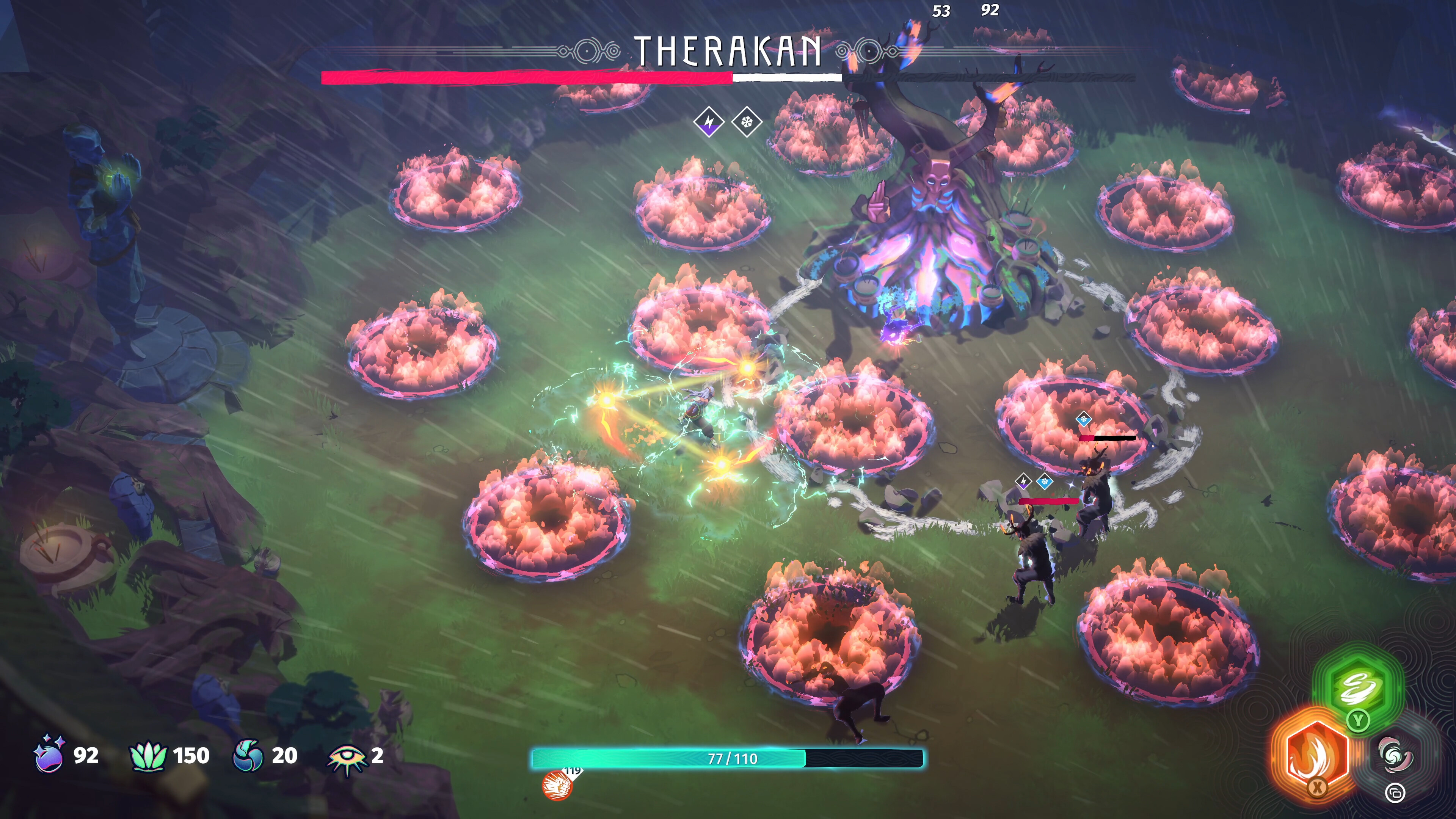 Action-packed scene from Echoes of Mystralia featuring a boss battle against Therakan.