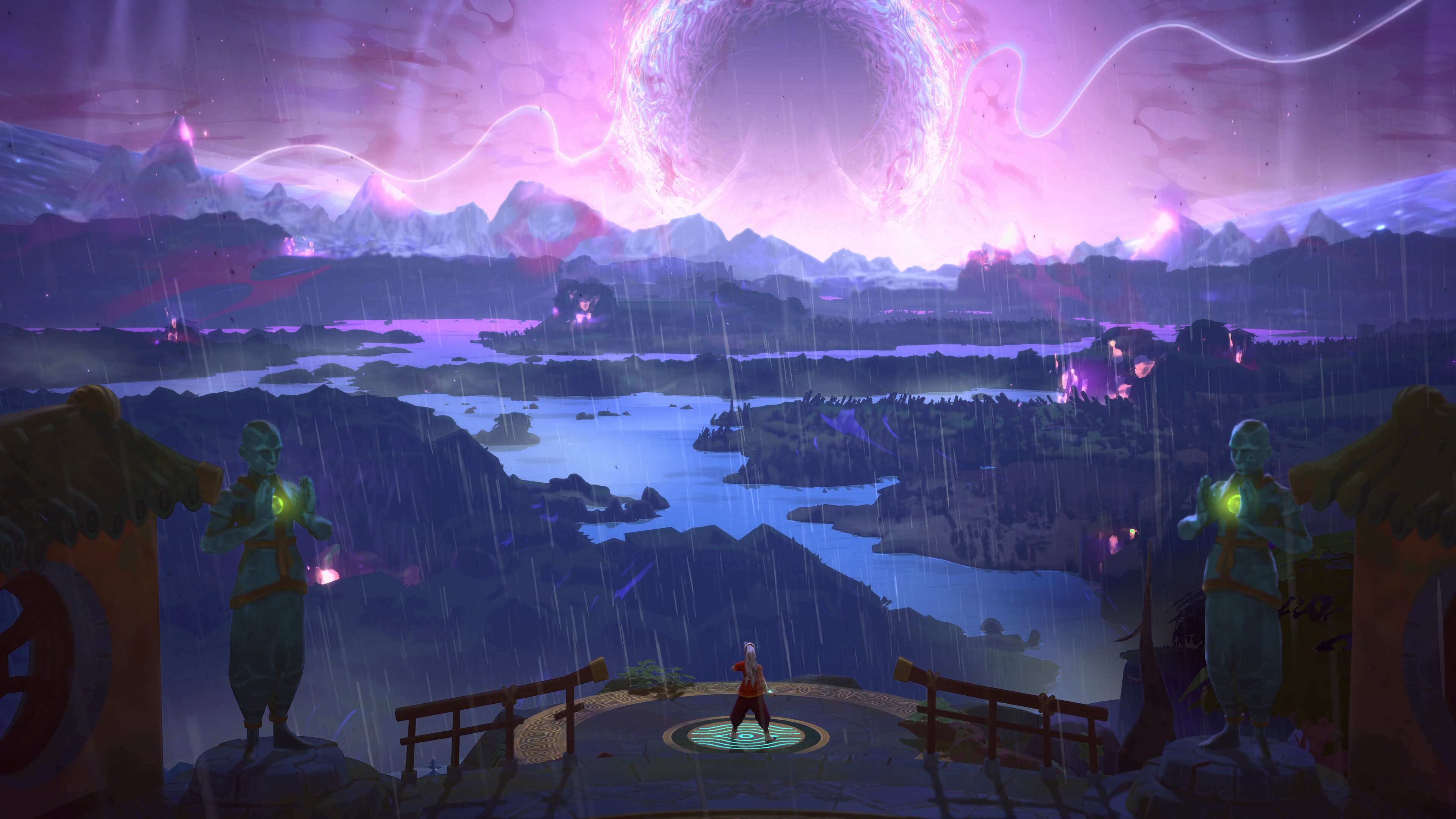 Epic landscape of Echoes of Mystralia with a character standing in rain under a mystical sky.