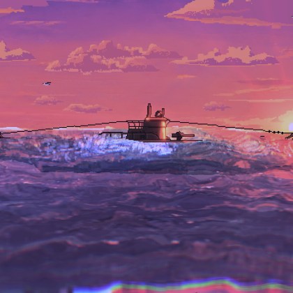 A WWII submarine navigating through vibrant waves at sunset in False Echo game.