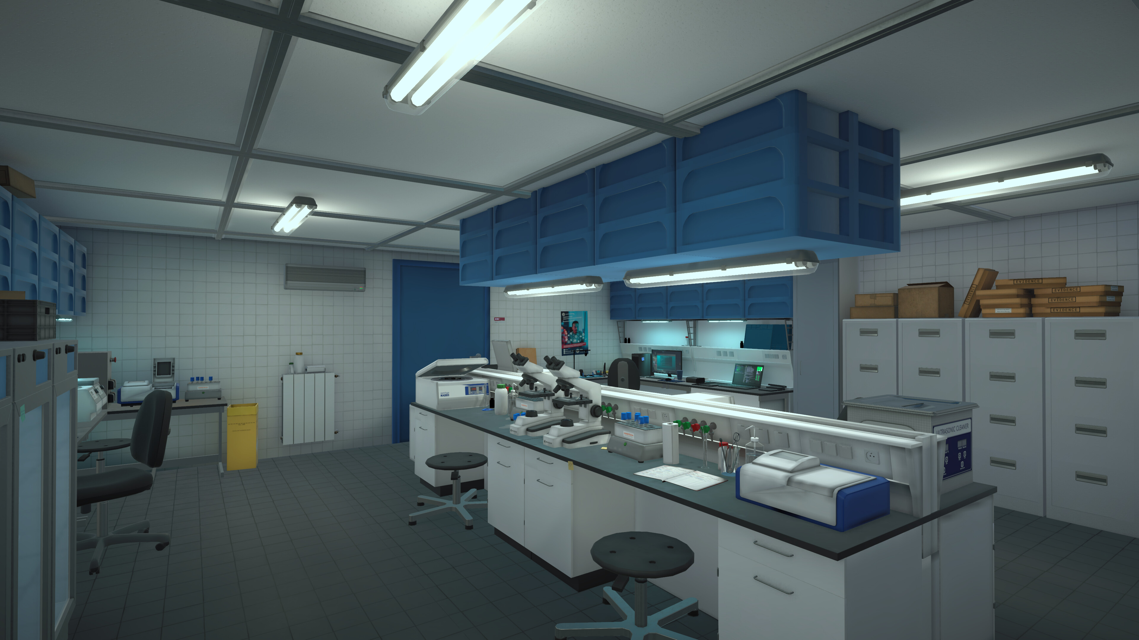 Forensics lab interior showcasing realistic crime scene investigation tools