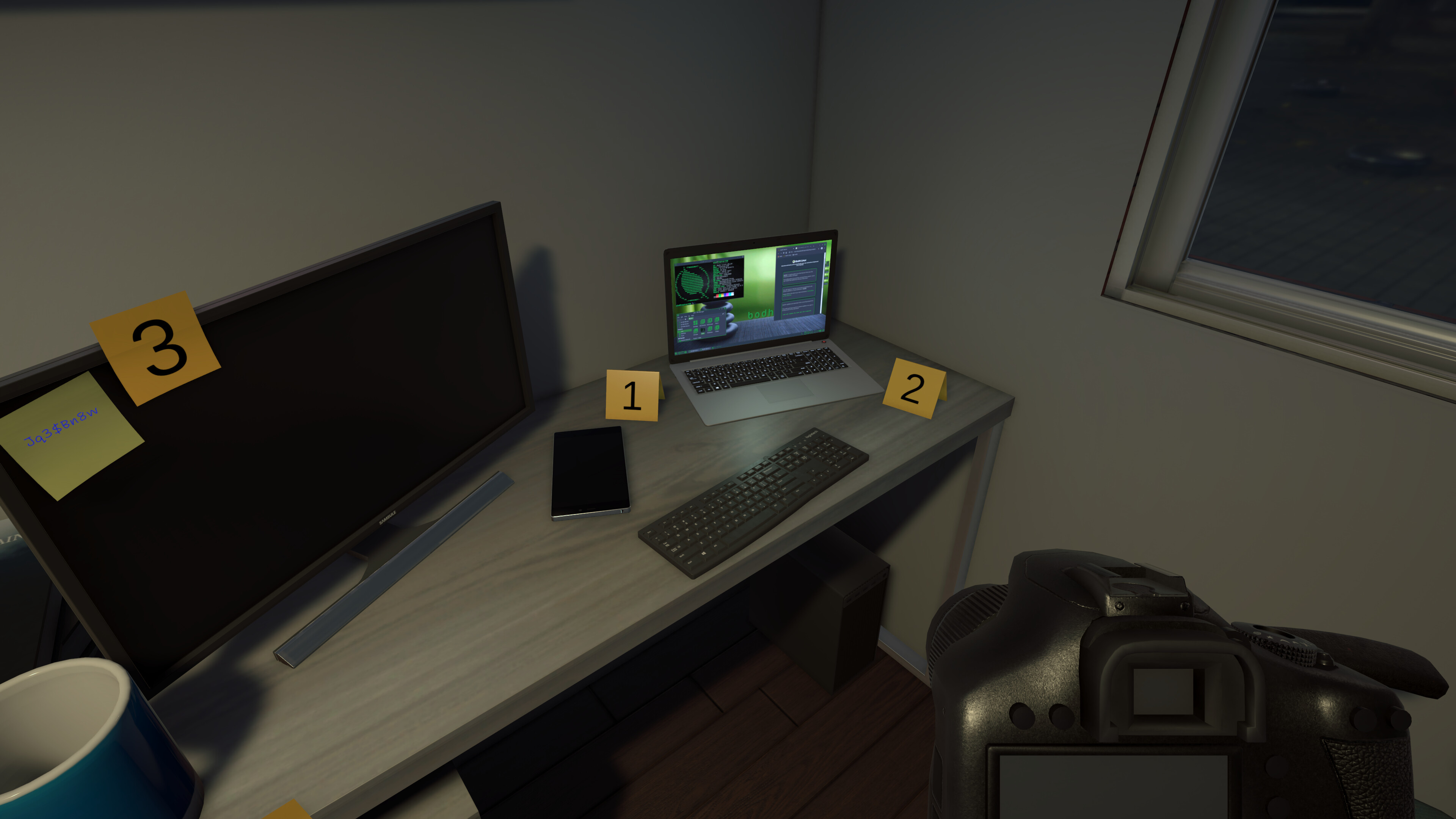 Forensics: Crime Scene Detective gameplay showing a desk with evidence markers.