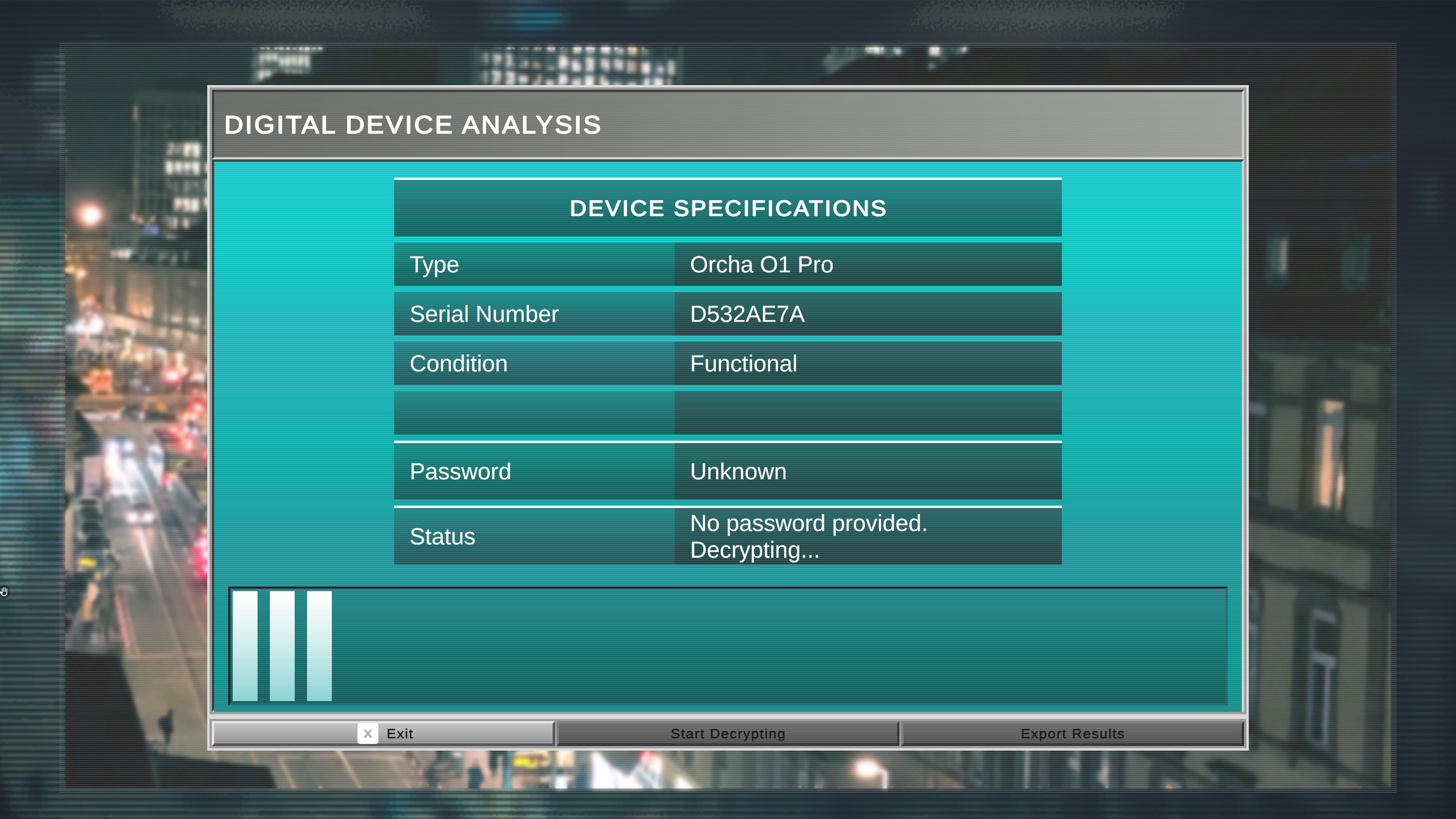 Digital device analysis screen in Forensics: Crime Scene Detective game