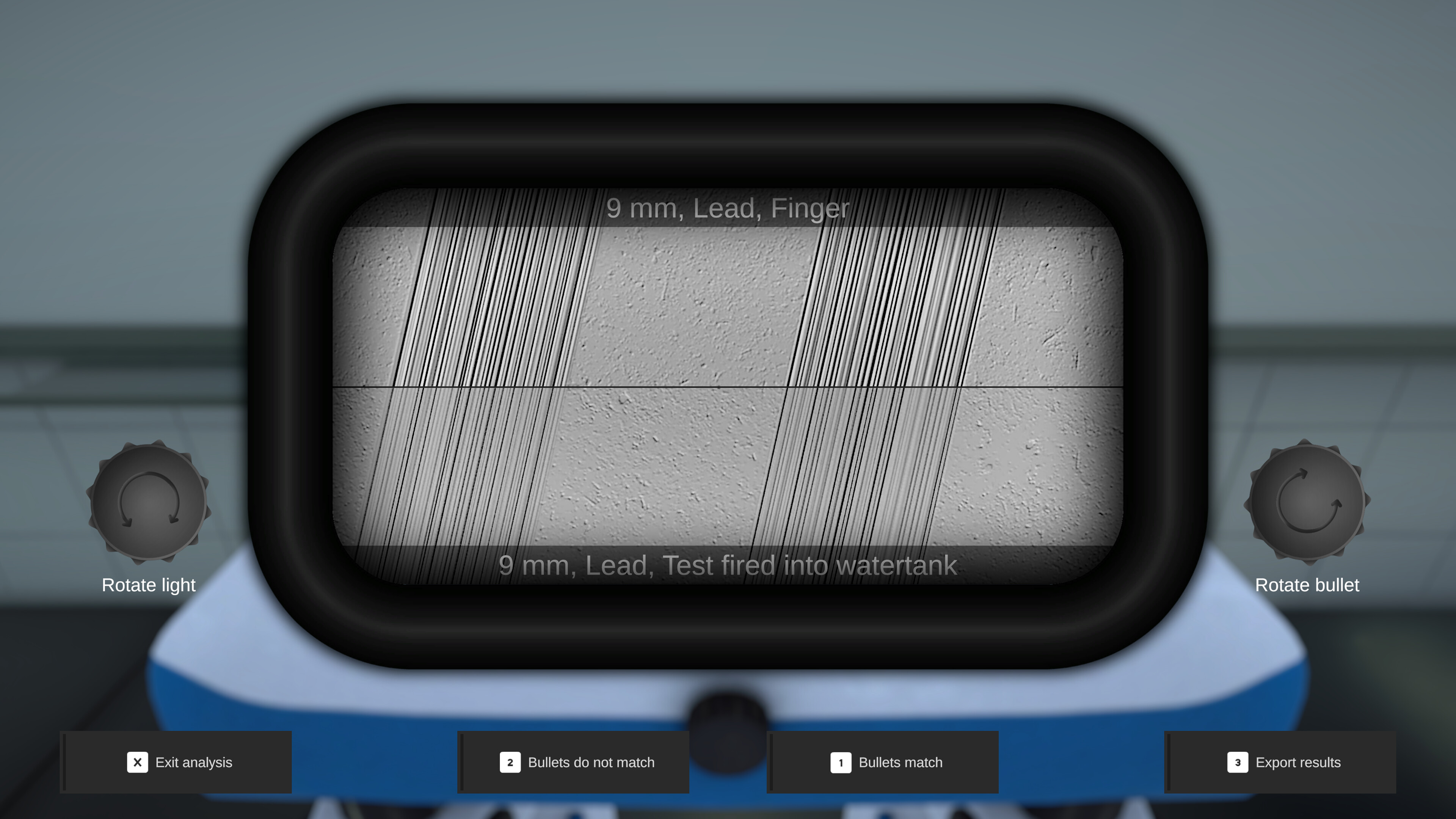 Forensics: Crime Scene Detective bullet analysis screen with detailed markings