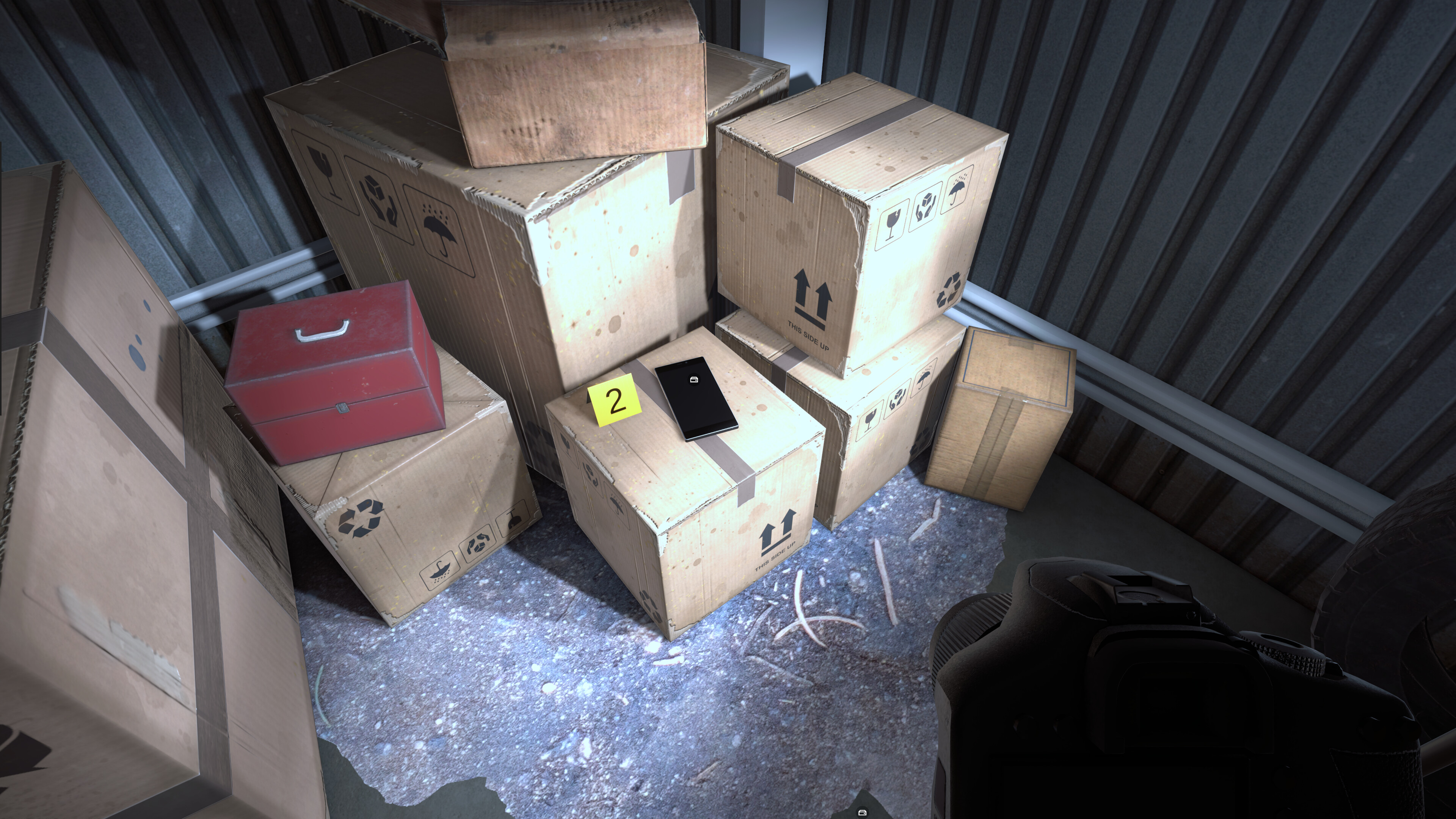 Forensics: Crime Scene Detective gameplay showing evidence collection in a storage area.
