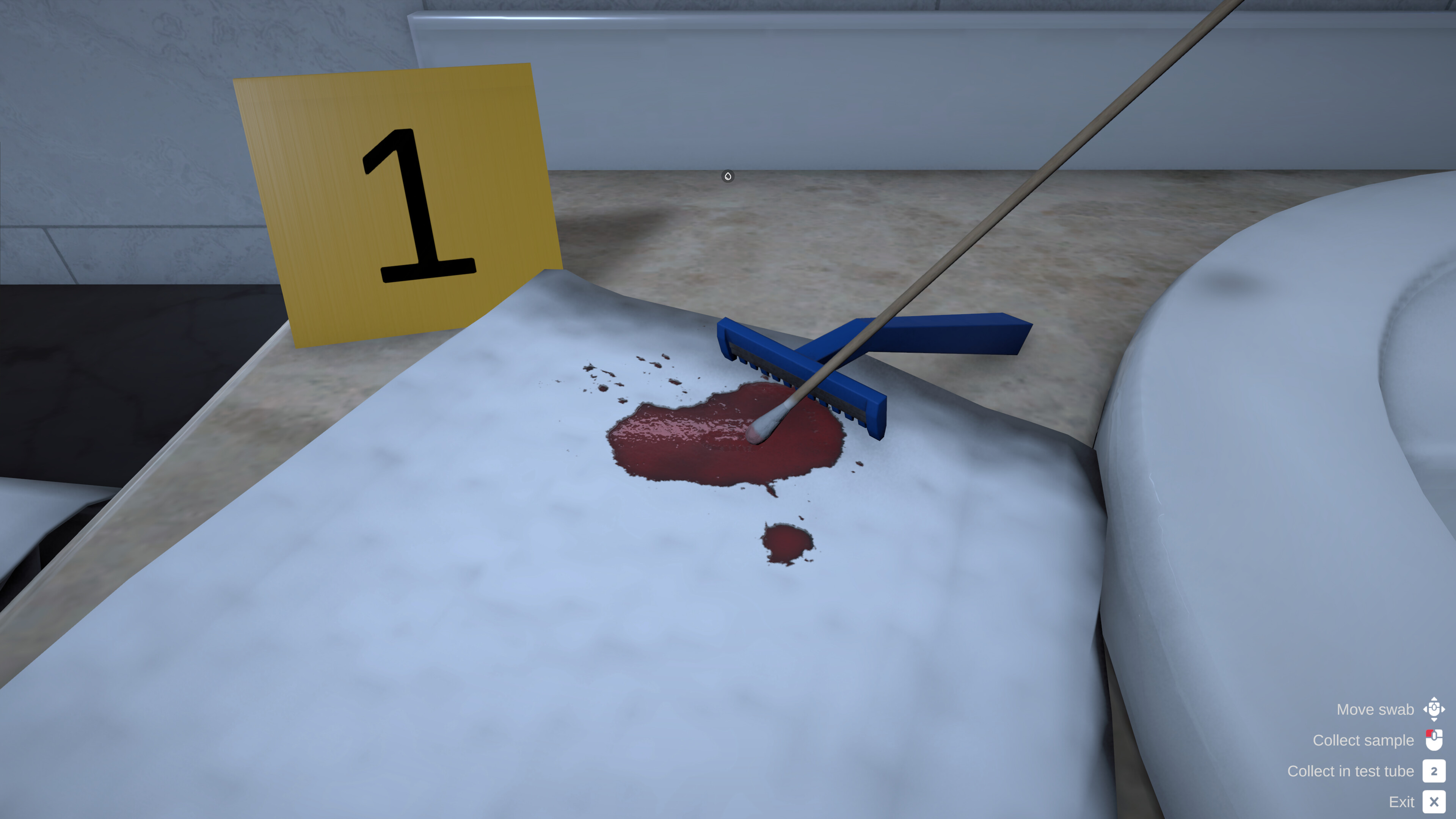 Close-up of a blood sample collection in Forensics: Crime Scene Detective game.