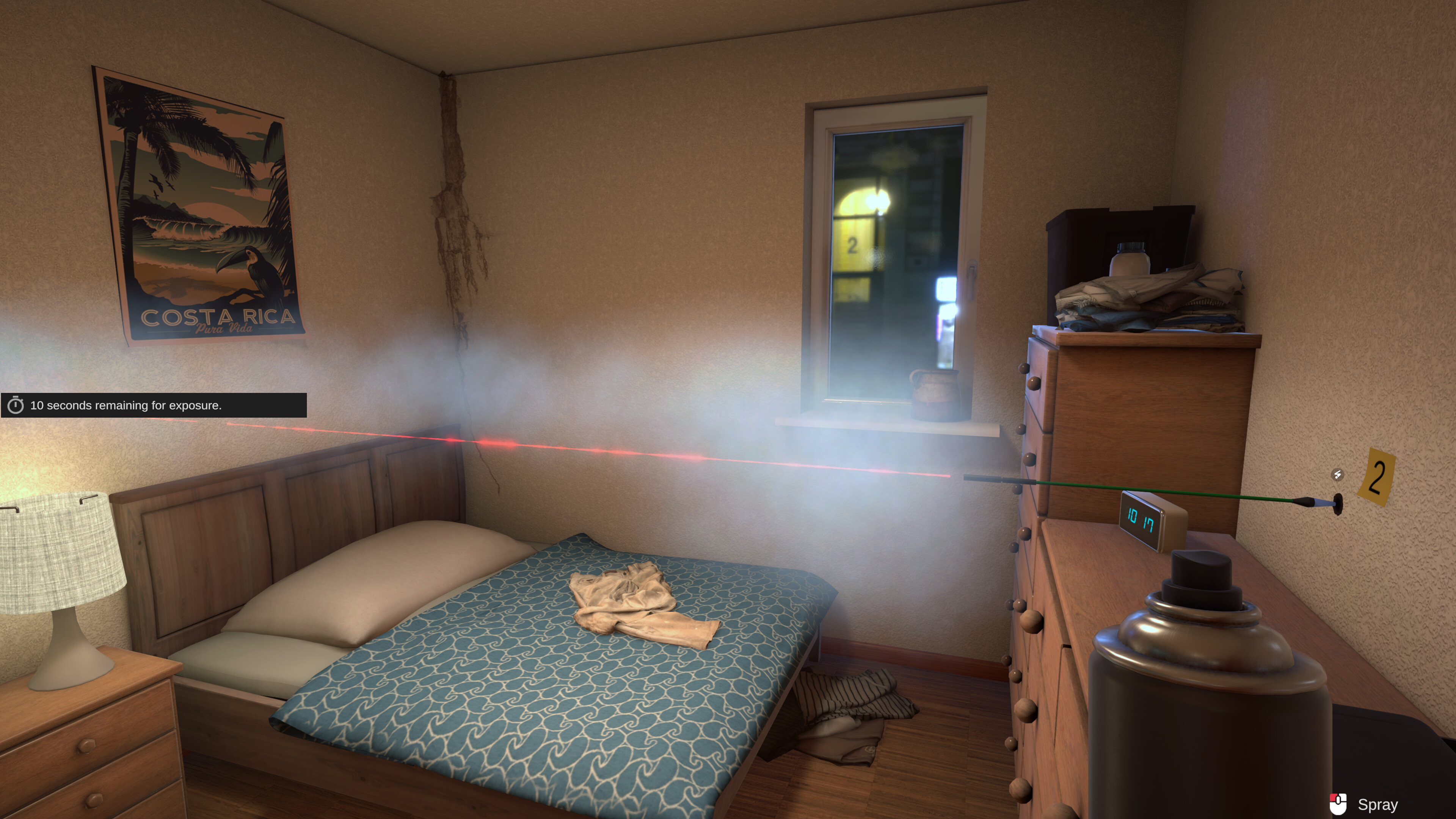 Forensics: Crime Scene Detective gameplay showing a smoky room with forensic tools.