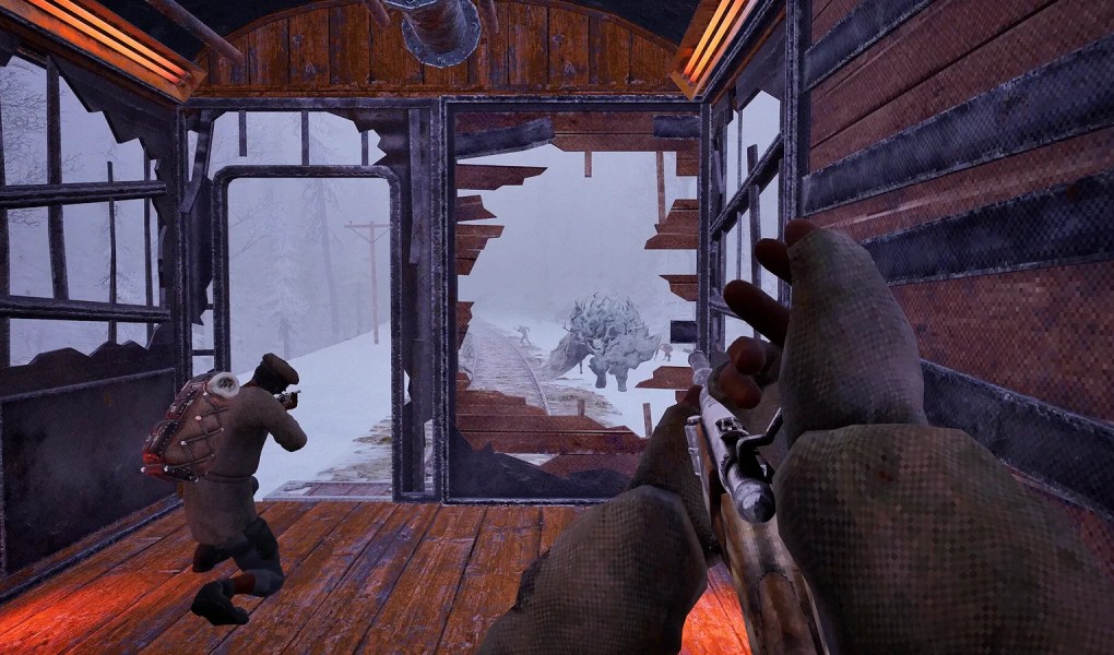 Intense gameplay in Frostrail featuring a snowy landscape and character action.