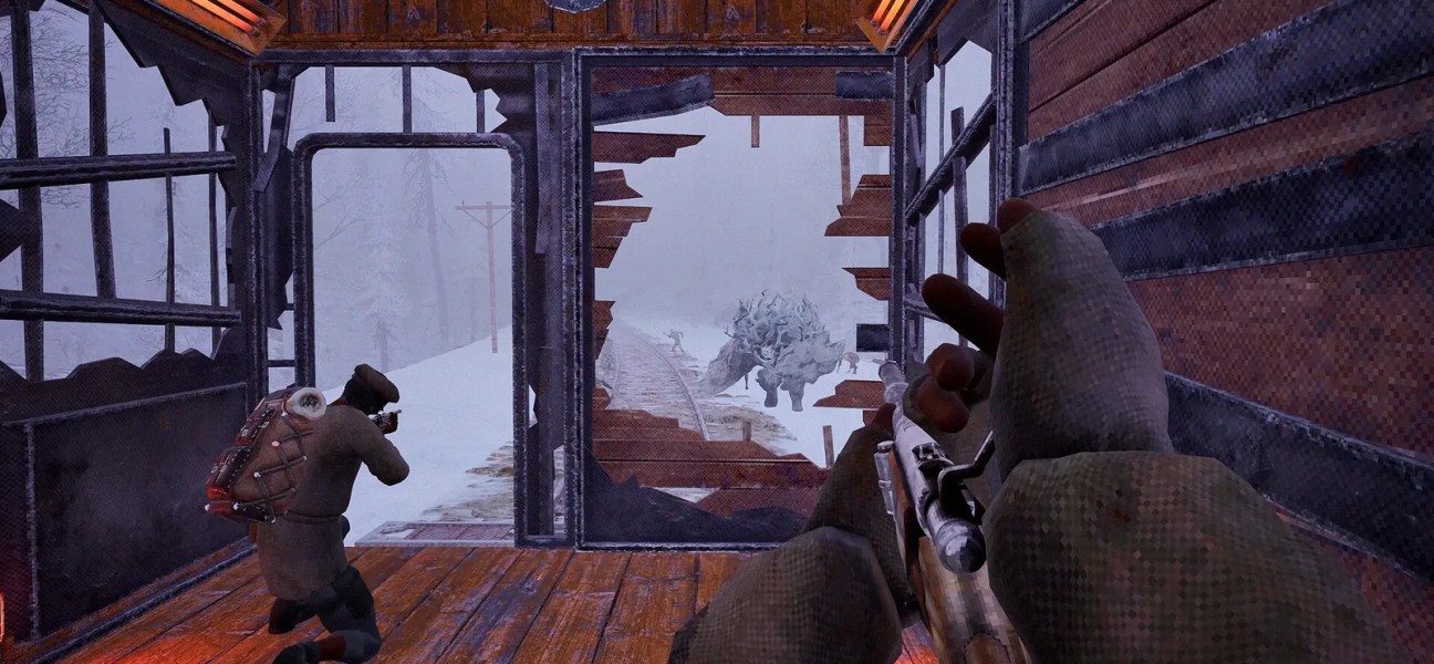 Intense gameplay in Frostrail featuring a snowy landscape and character action.