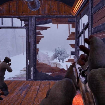 Intense gameplay in Frostrail featuring a snowy landscape and character action.