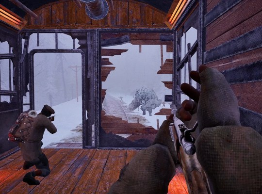 Intense gameplay in Frostrail featuring a snowy landscape and character action.