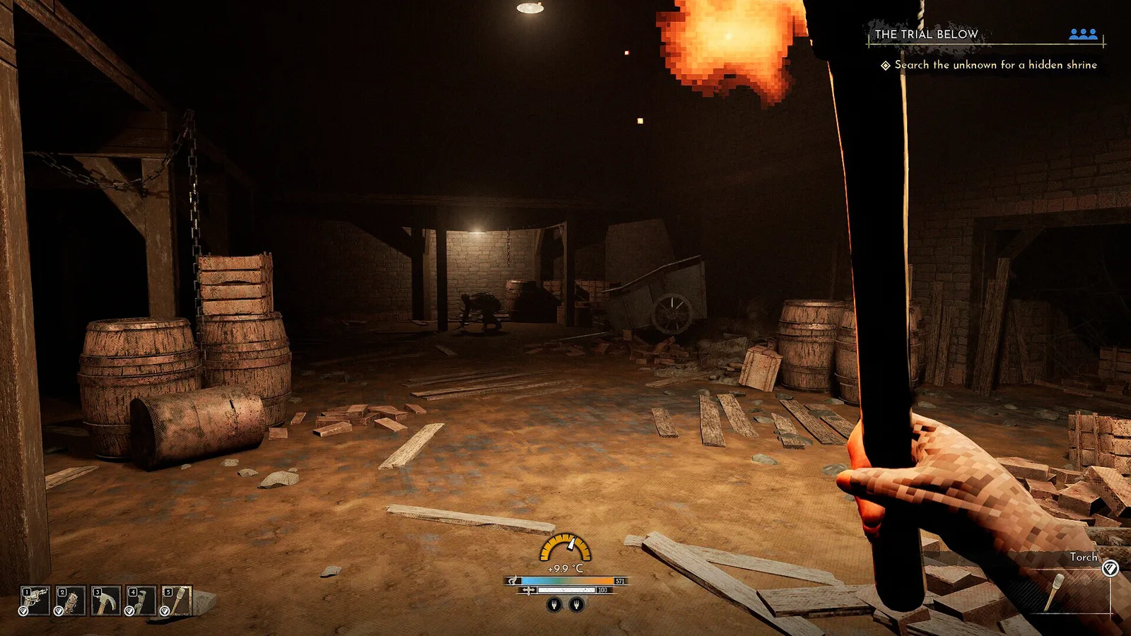 Exploring a dark, eerie environment in Frostrail with a torch