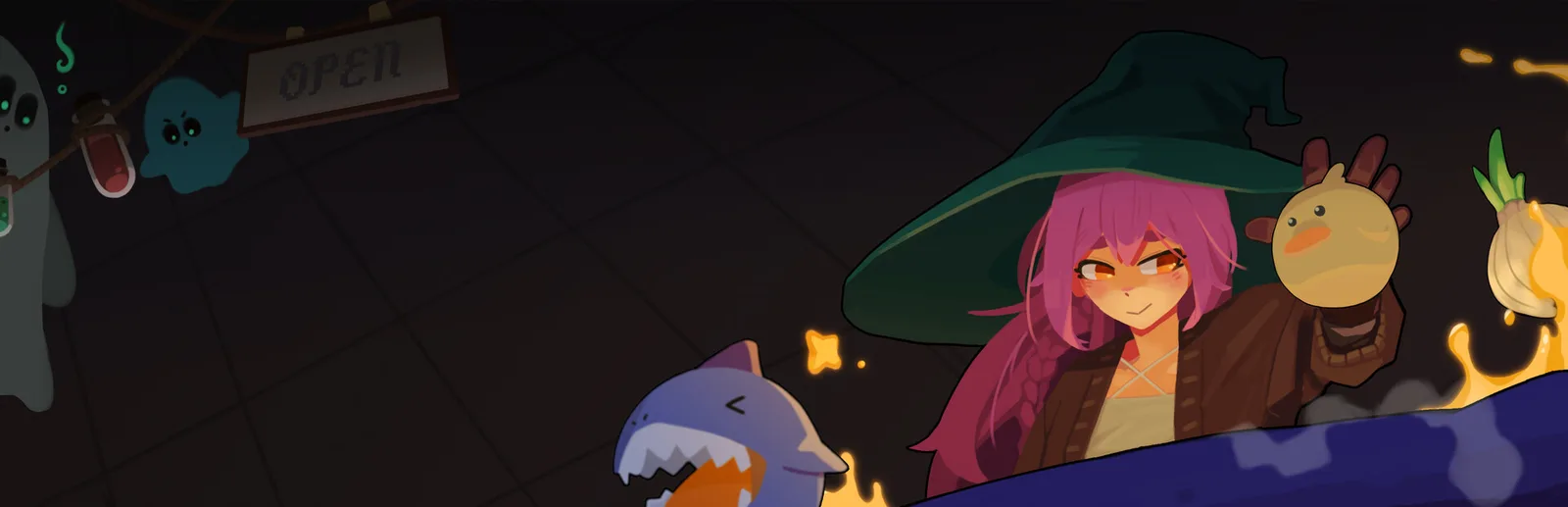 Kinny casting spells in a vibrant, magical cauldron scene