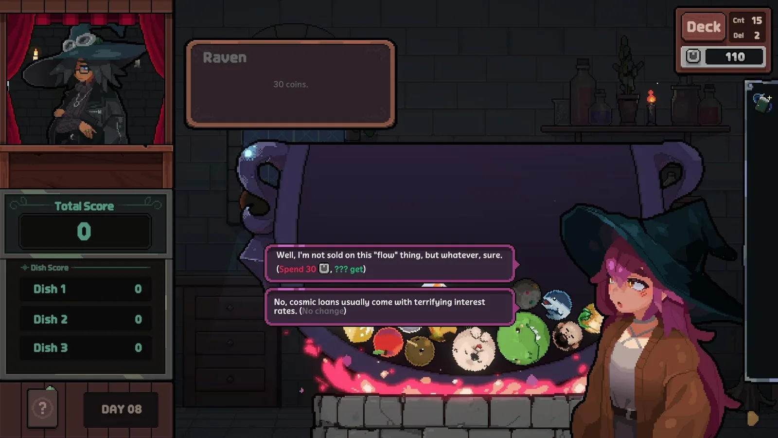 Character interaction in Kinny and the Cosmic Cauldron with colorful ingredients.