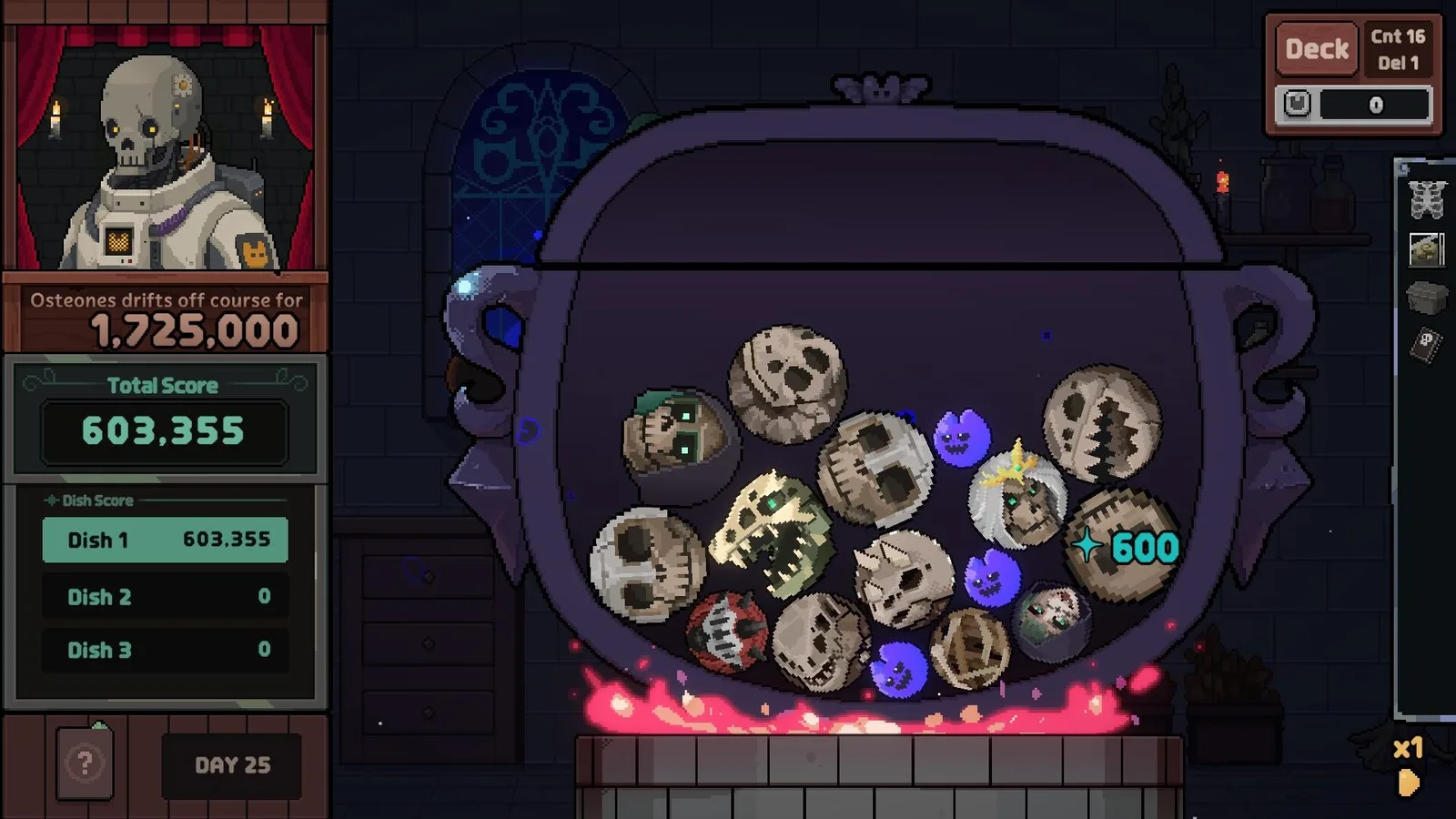 Gameplay scene from Kinny and the Cosmic Cauldron featuring colorful ingredients in a cauldron