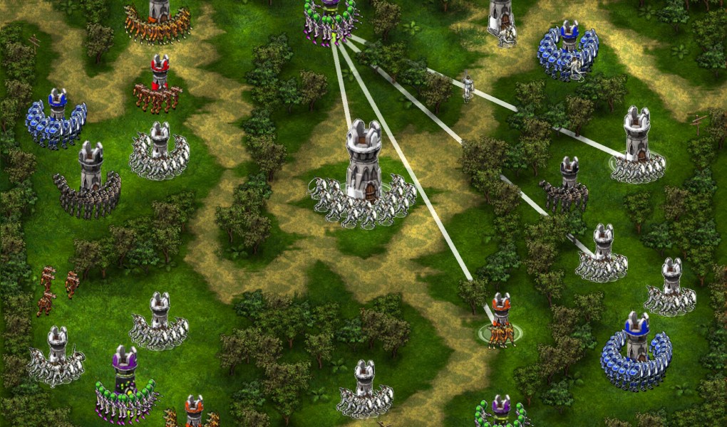Strategic battle scene in Knights vs Aliens featuring diverse factions and towers.