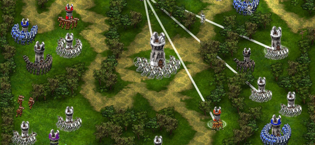 Strategic battle scene in Knights vs Aliens featuring diverse factions and towers.