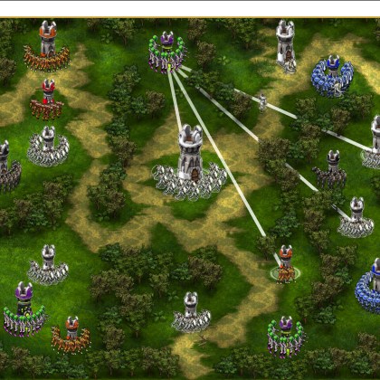 Strategic battle scene in Knights vs Aliens featuring diverse factions and towers.