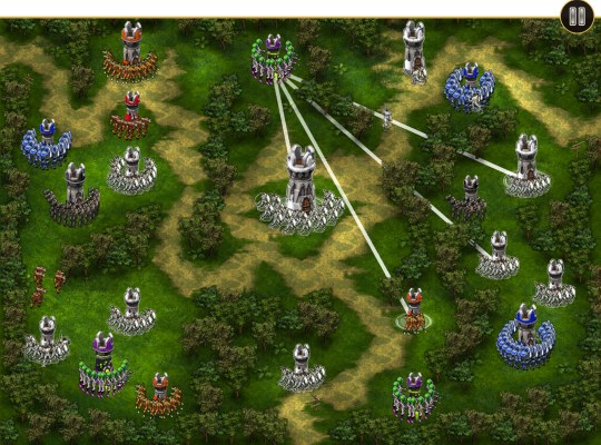 Strategic battle scene in Knights vs Aliens featuring diverse factions and towers.