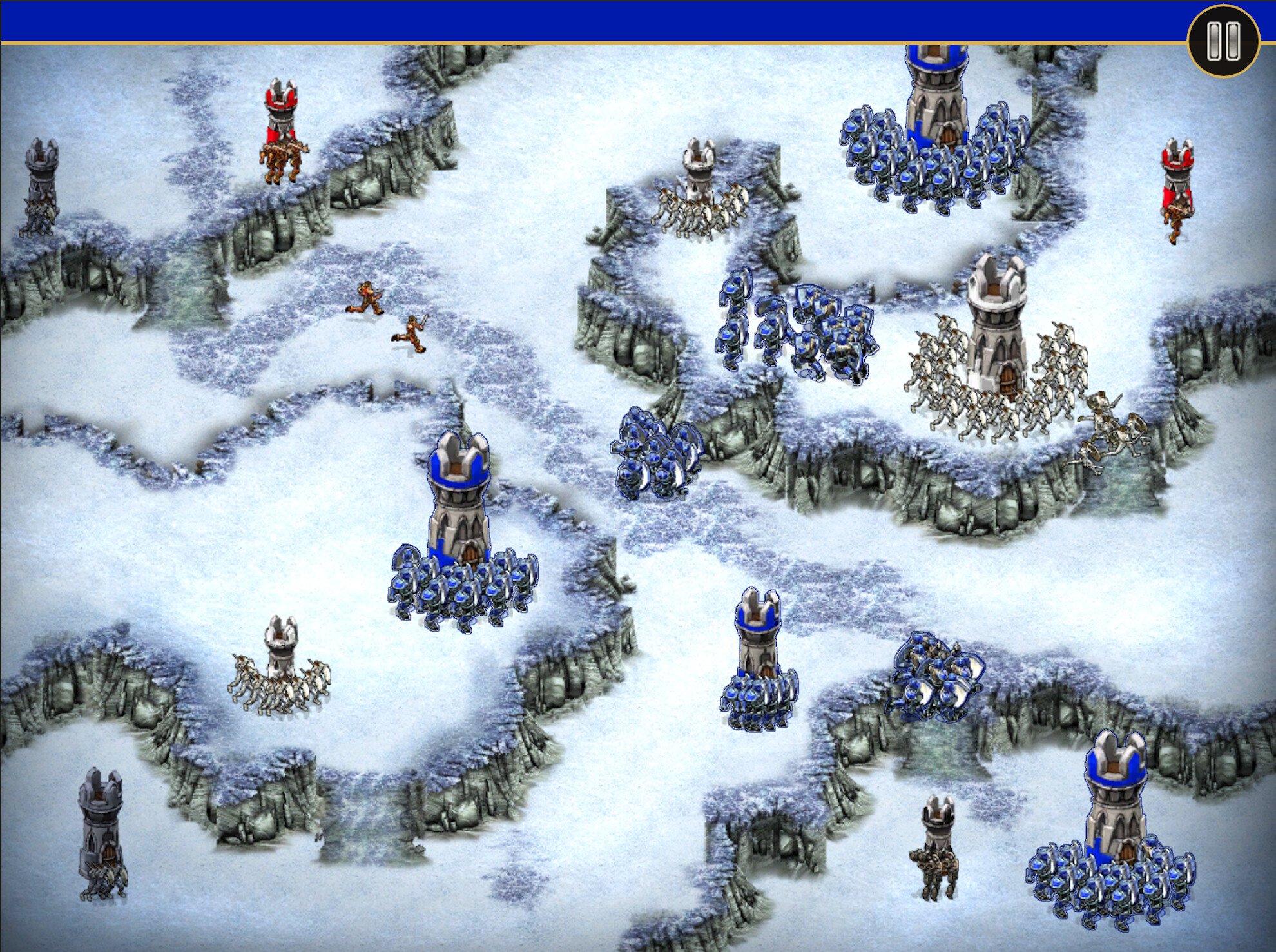 Strategic battle scene in Knights vs Aliens featuring icy terrain and fortified towers.