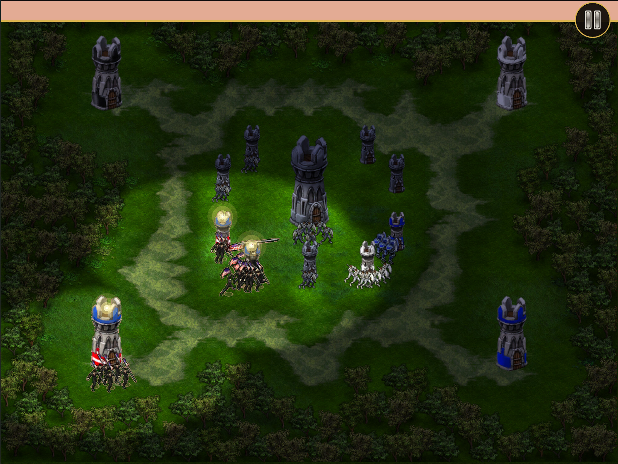 Strategic battle scene in Knights vs Aliens with towers and units on a vibrant battlefield.