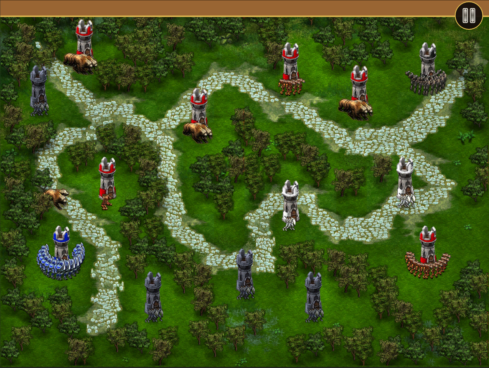 Strategic gameplay scene from Knights vs Aliens featuring towers and pathways