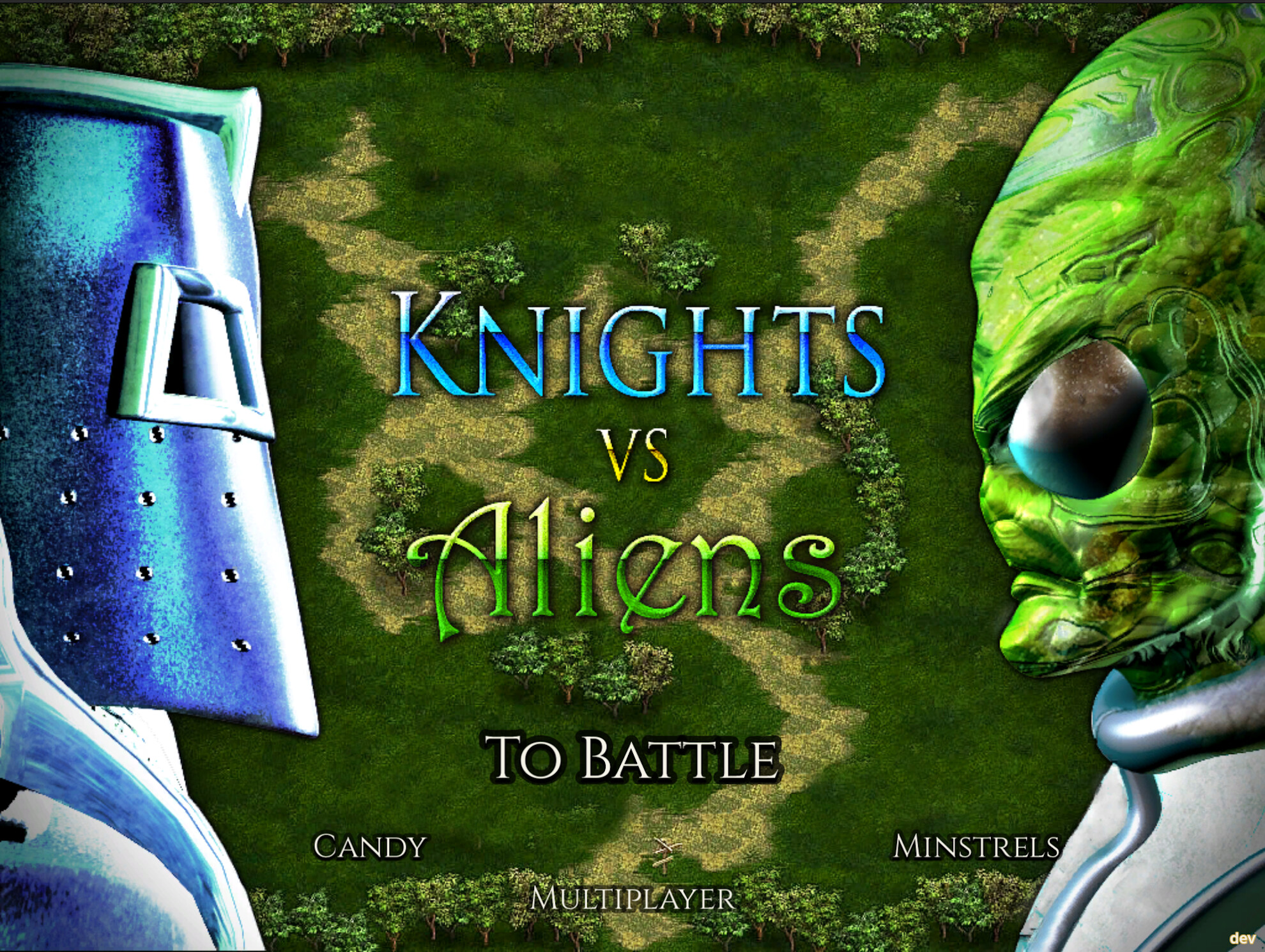 Knights vs Aliens game cover featuring a knight and alien in a fantasy landscape.