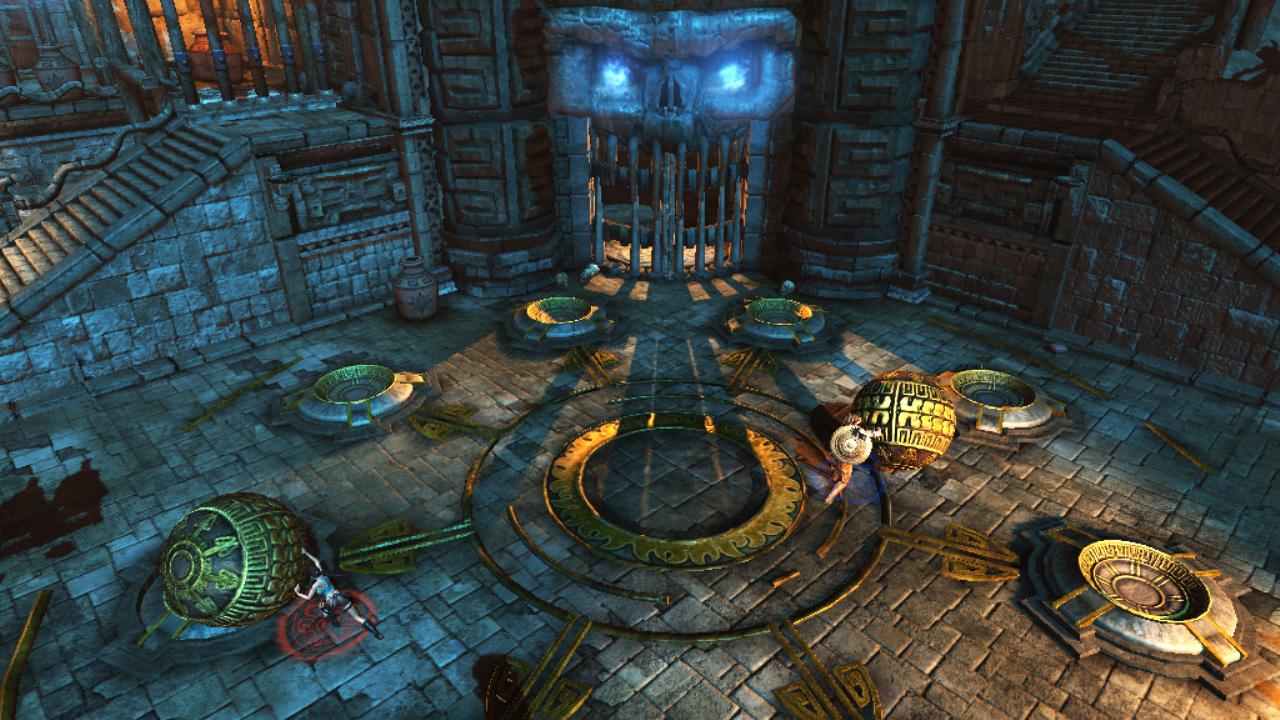 Lara Croft in a mysterious temple with ancient artifacts in Guardian of Light