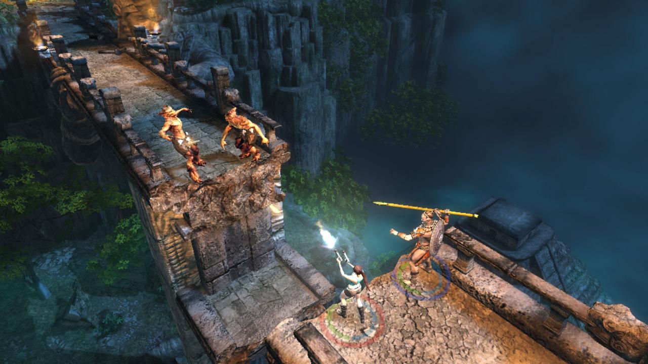 Lara Croft battles enemies on a stone bridge in Guardian of Light