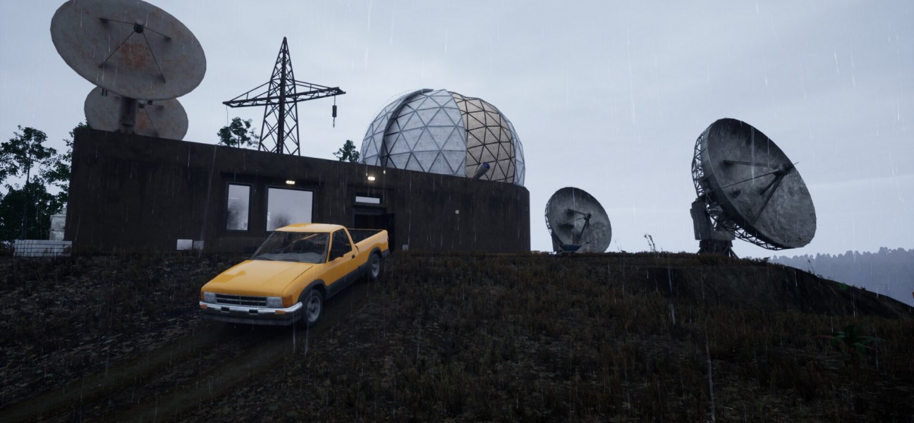 Isolated mountain observatory with satellite dishes in rainy weather