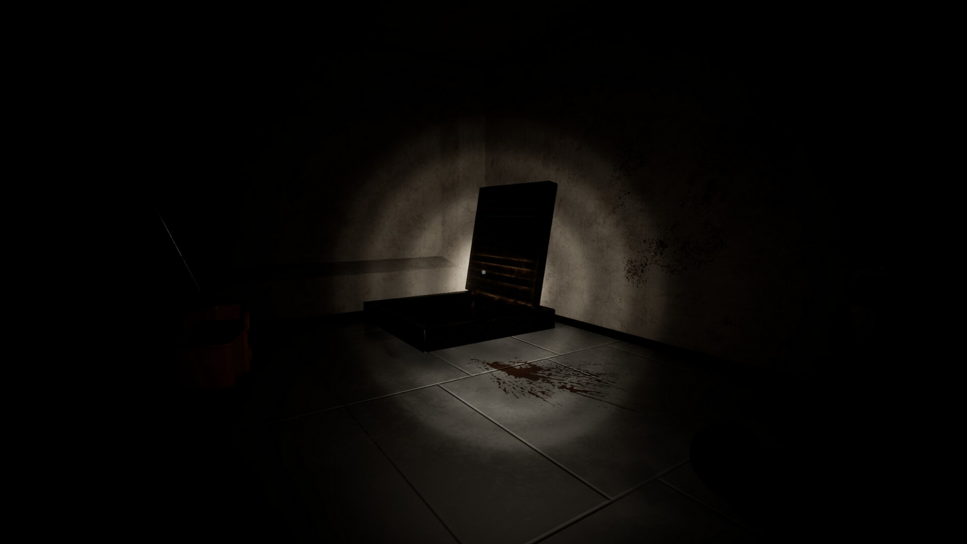 Dark room with a mysterious box illuminated by a spotlight in Life & Shadow: Celestial Call