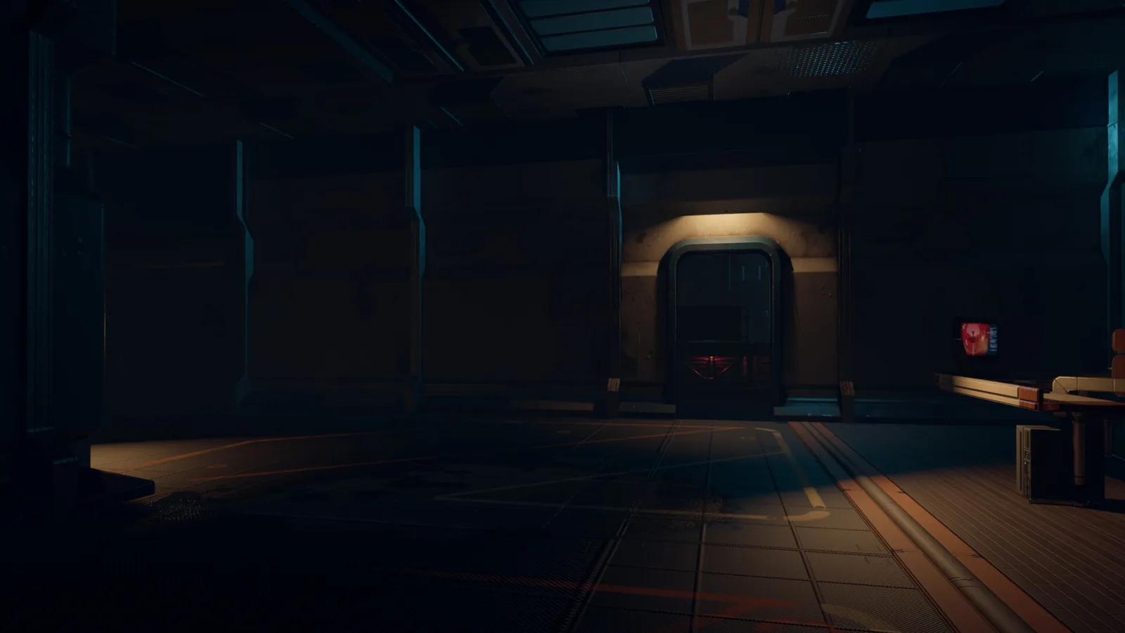 Dark sci-fi environment showcasing a mysterious doorway in LUNA: Obscura.