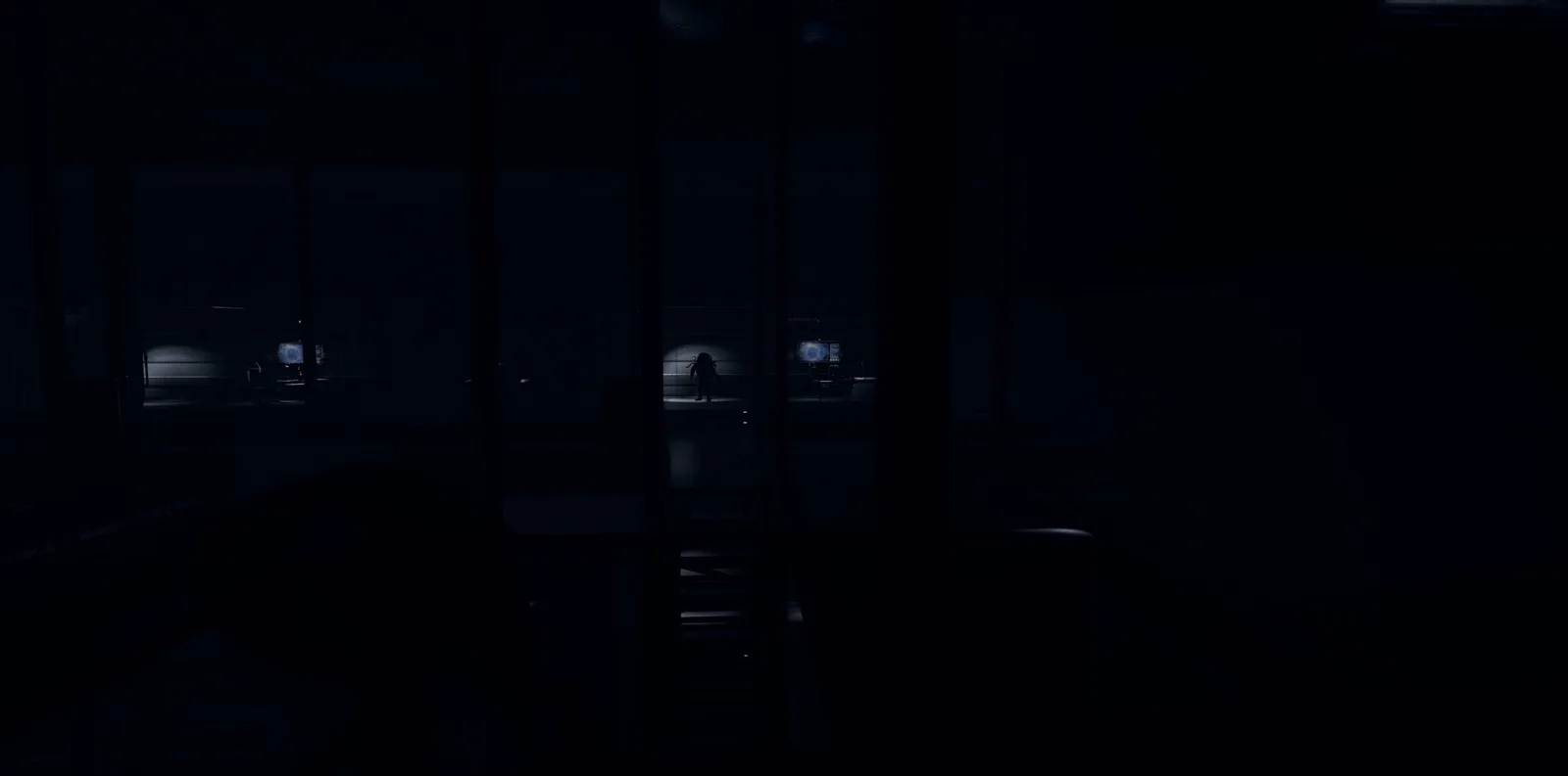Dark, atmospheric scene from LUNA: Obscura showcasing a mysterious figure in a dimly lit environment